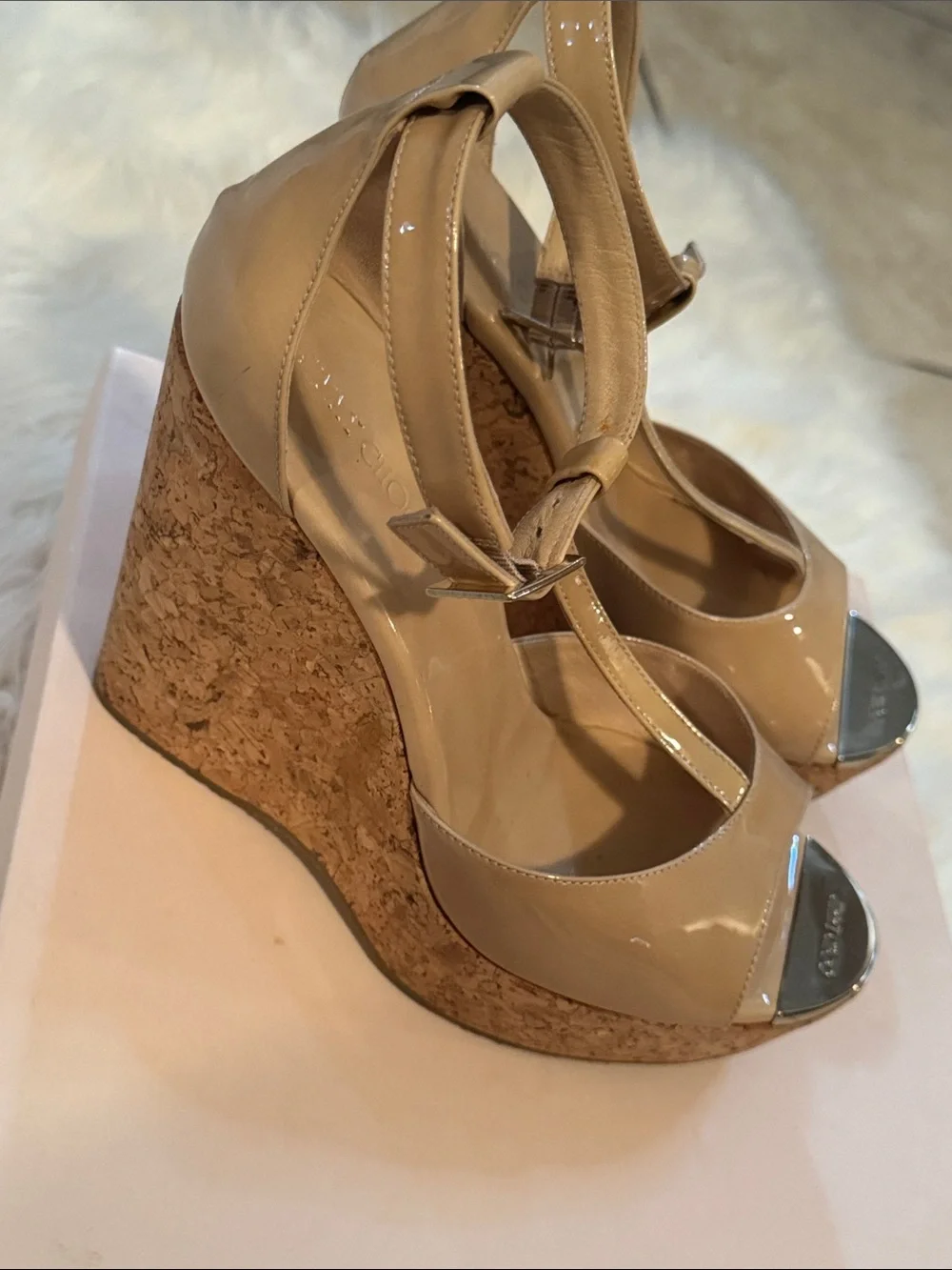Wedge Platform Sandal in Beige Patent with Cork Heel t strap by Jimmy choo